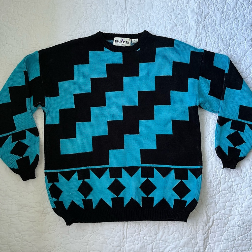 Vintage Nordstrom Brass Plum Bright Blue and Black Crew Neck Sweater